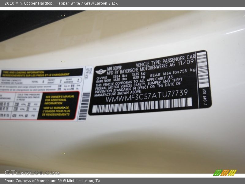 Pepper White / Grey/Carbon Black 2010 Mini Cooper Hardtop