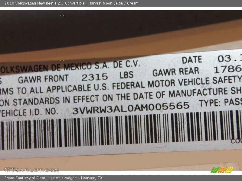 Harvest Moon Beige / Cream 2010 Volkswagen New Beetle 2.5 Convertible