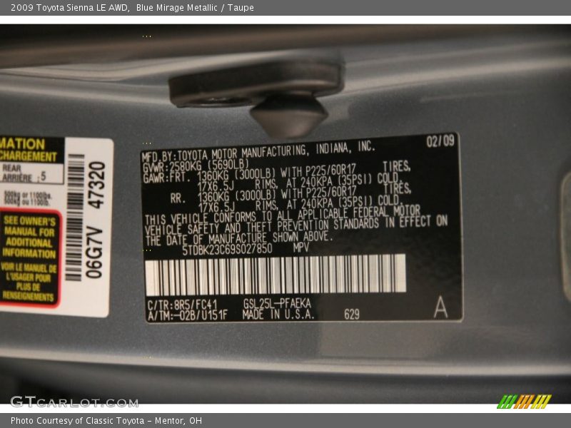 Blue Mirage Metallic / Taupe 2009 Toyota Sienna LE AWD