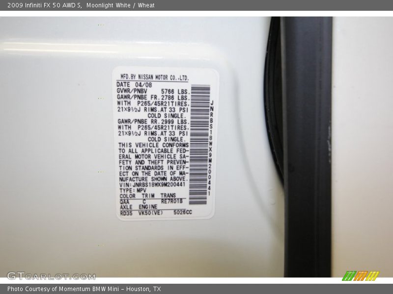 Moonlight White / Wheat 2009 Infiniti FX 50 AWD S