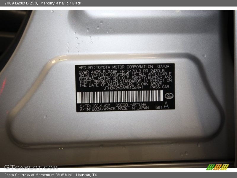 Mercury Metallic / Black 2009 Lexus IS 250