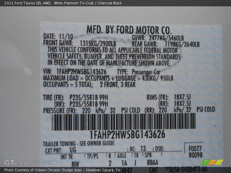 White Platinum Tri-Coat / Charcoal Black 2011 Ford Taurus SEL AWD