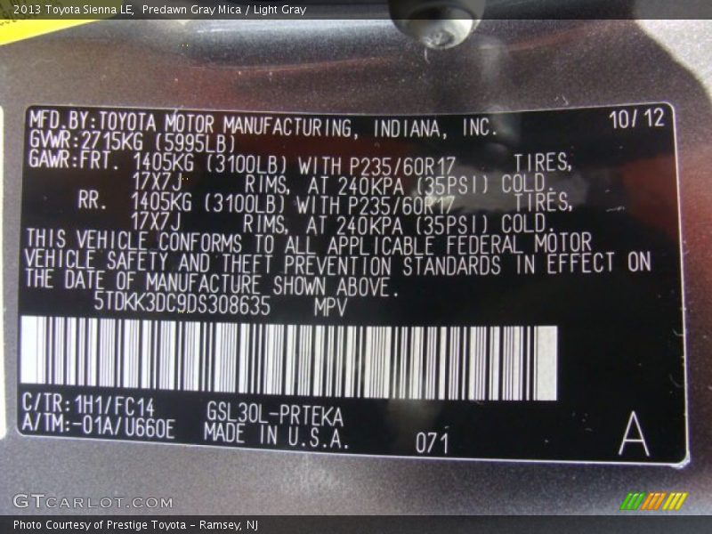 Predawn Gray Mica / Light Gray 2013 Toyota Sienna LE