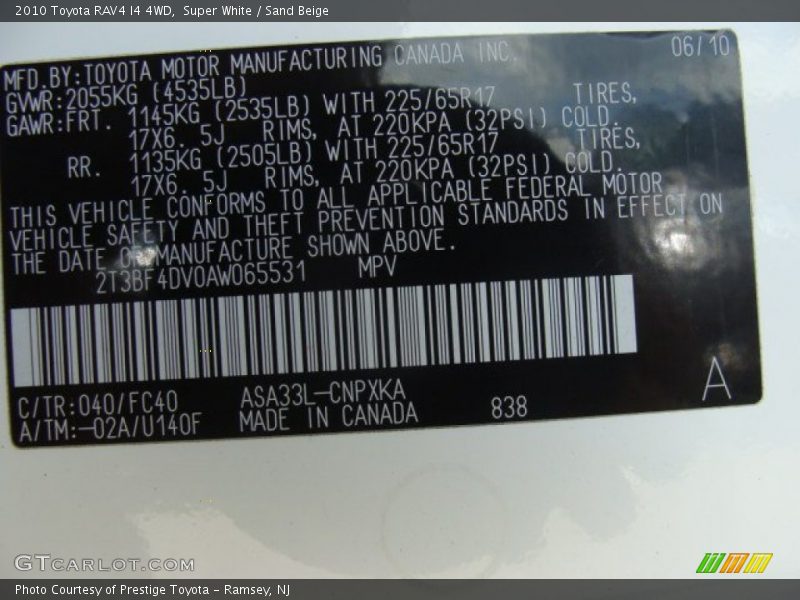 Super White / Sand Beige 2010 Toyota RAV4 I4 4WD
