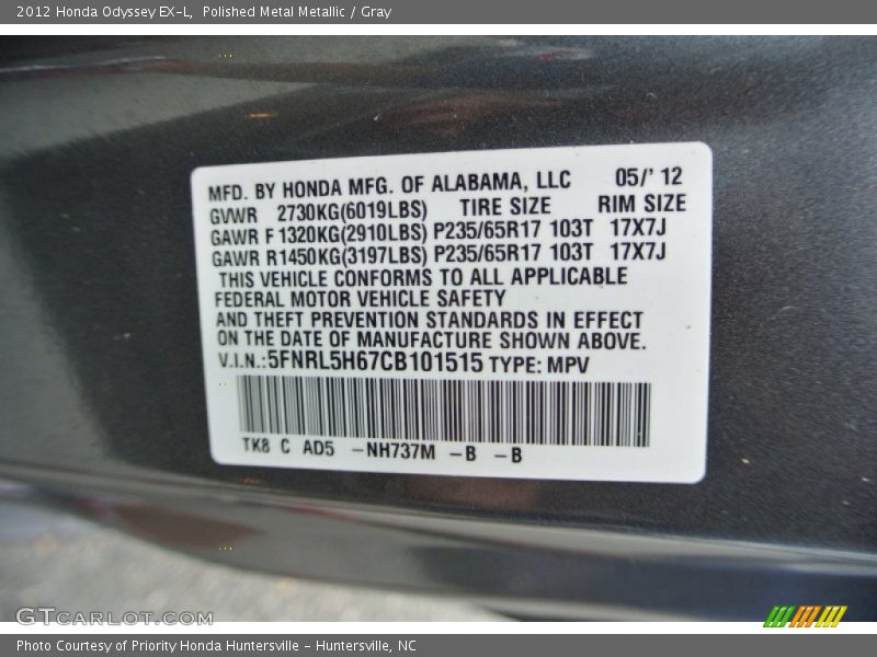 Polished Metal Metallic / Gray 2012 Honda Odyssey EX-L