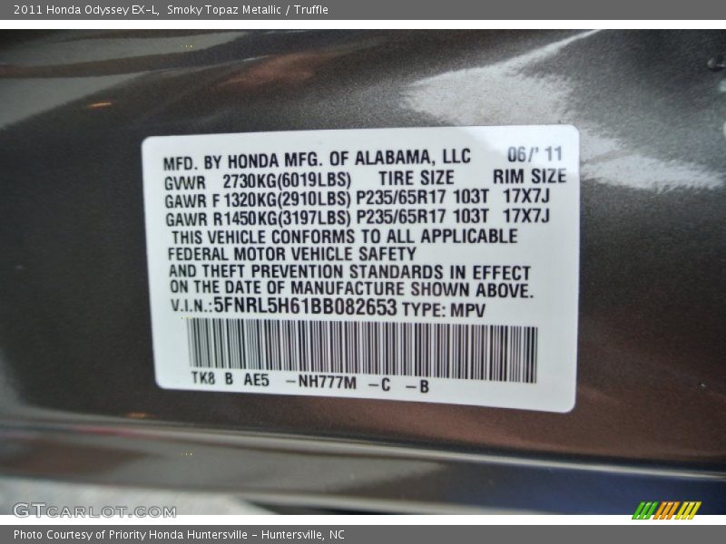 Smoky Topaz Metallic / Truffle 2011 Honda Odyssey EX-L