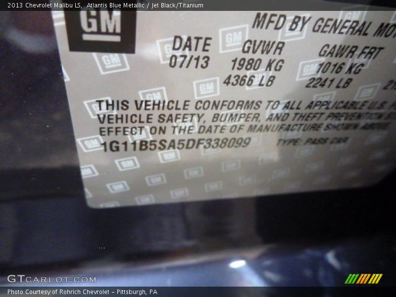Atlantis Blue Metallic / Jet Black/Titanium 2013 Chevrolet Malibu LS