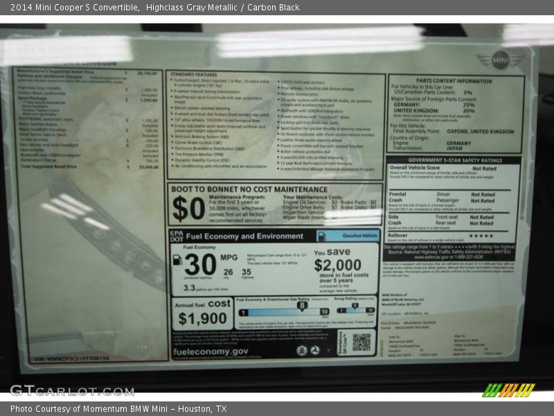  2014 Cooper S Convertible Window Sticker