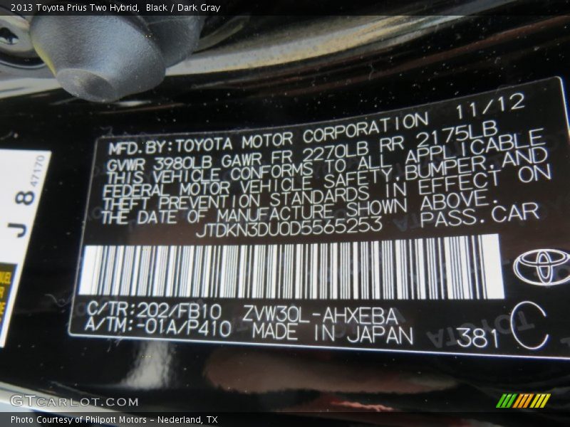 Black / Dark Gray 2013 Toyota Prius Two Hybrid