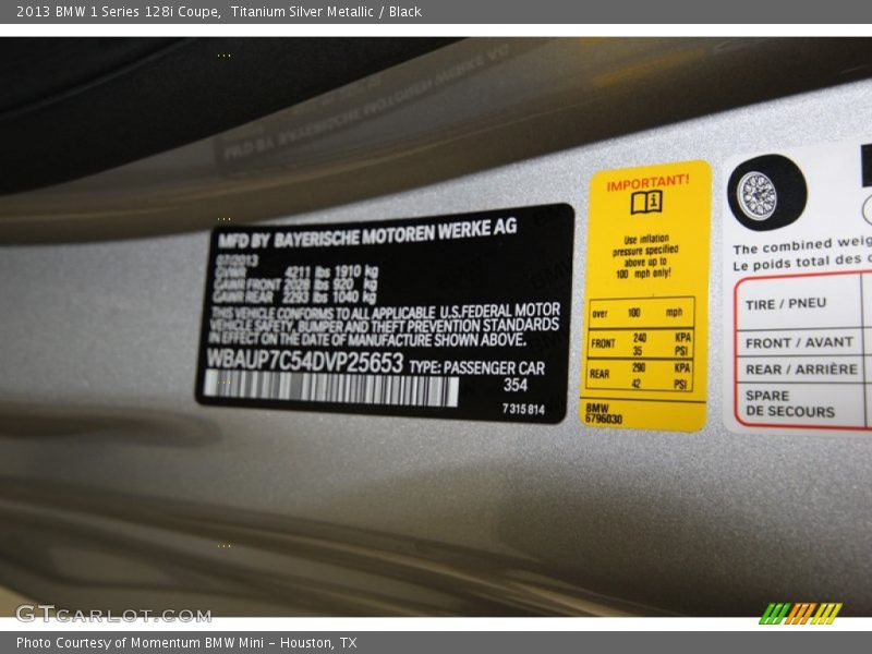 Titanium Silver Metallic / Black 2013 BMW 1 Series 128i Coupe