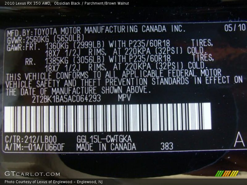 Obsidian Black / Parchment/Brown Walnut 2010 Lexus RX 350 AWD