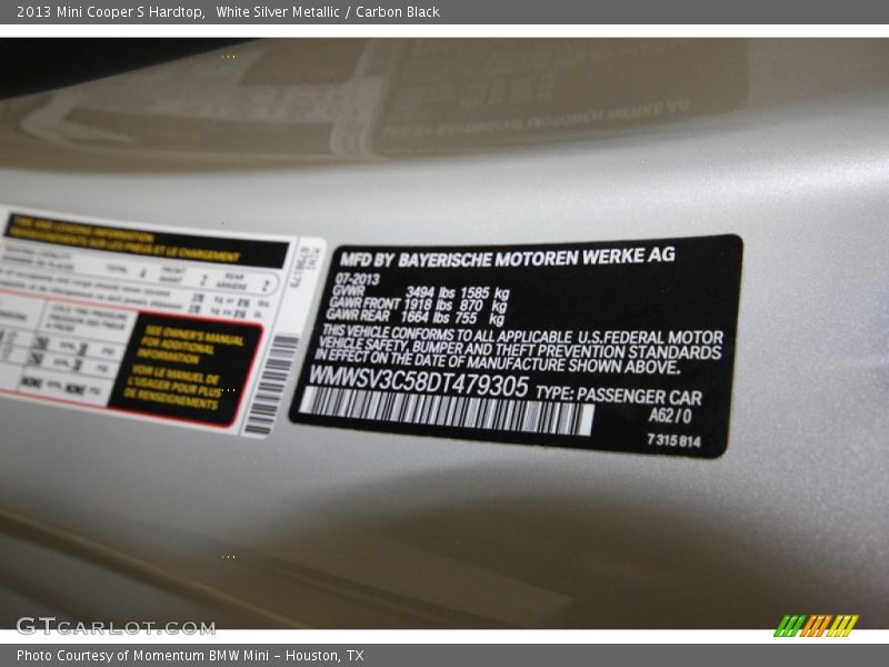 White Silver Metallic / Carbon Black 2013 Mini Cooper S Hardtop
