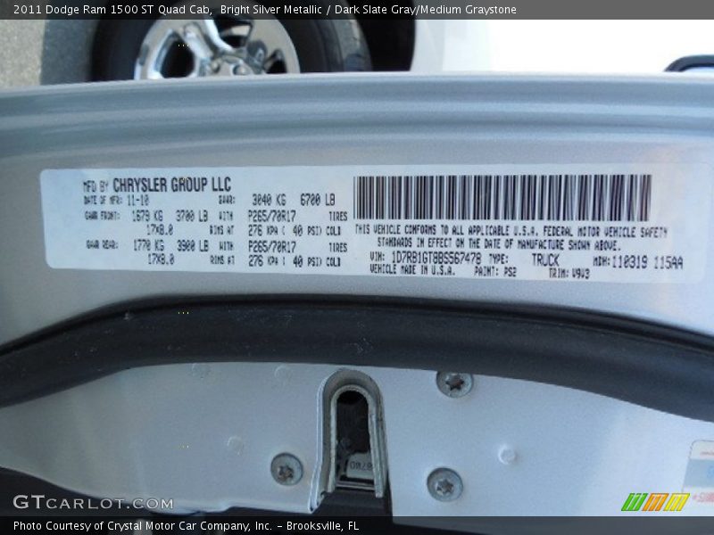 Bright Silver Metallic / Dark Slate Gray/Medium Graystone 2011 Dodge Ram 1500 ST Quad Cab
