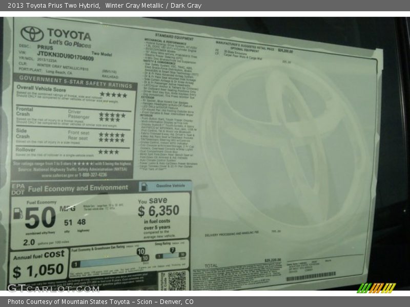 Winter Gray Metallic / Dark Gray 2013 Toyota Prius Two Hybrid
