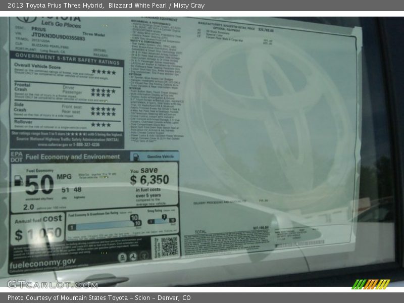 Blizzard White Pearl / Misty Gray 2013 Toyota Prius Three Hybrid