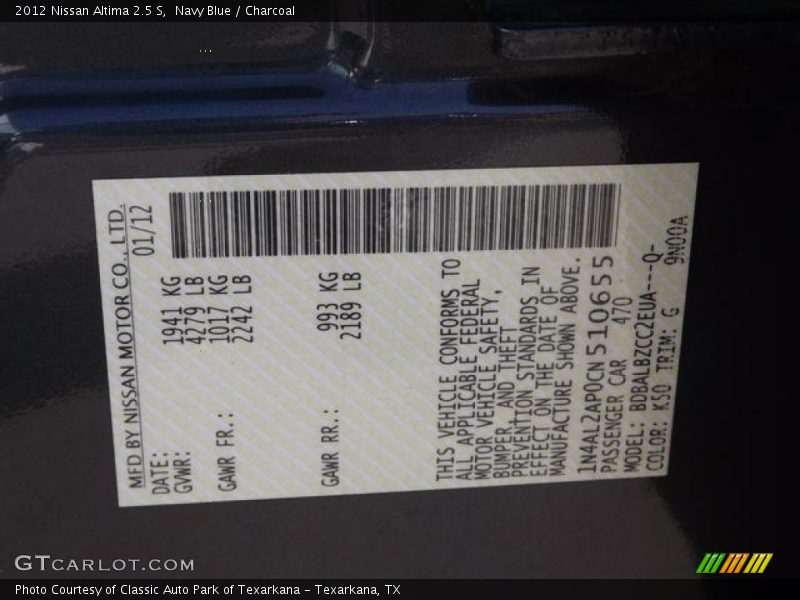 Navy Blue / Charcoal 2012 Nissan Altima 2.5 S