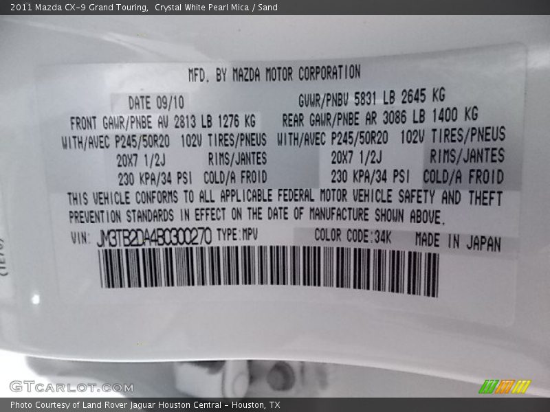 2011 CX-9 Grand Touring Crystal White Pearl Mica Color Code 34K