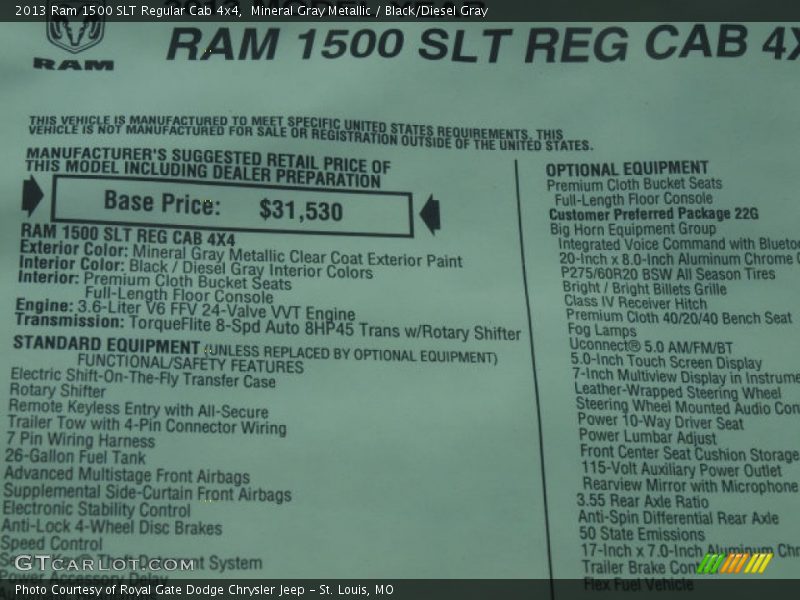 Mineral Gray Metallic / Black/Diesel Gray 2013 Ram 1500 SLT Regular Cab 4x4