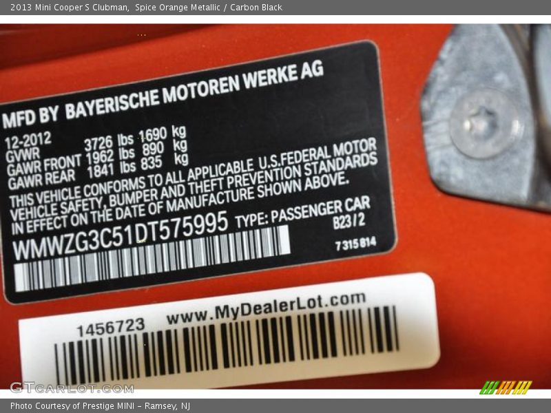 Spice Orange Metallic / Carbon Black 2013 Mini Cooper S Clubman