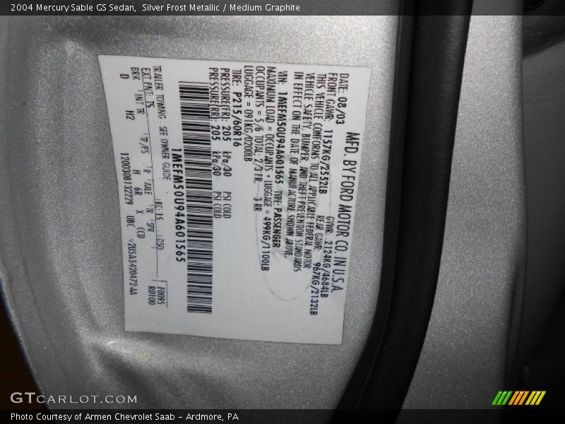 2004 Sable GS Sedan Silver Frost Metallic Color Code TS