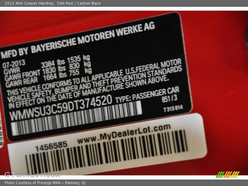 Chili Red / Carbon Black 2013 Mini Cooper Hardtop