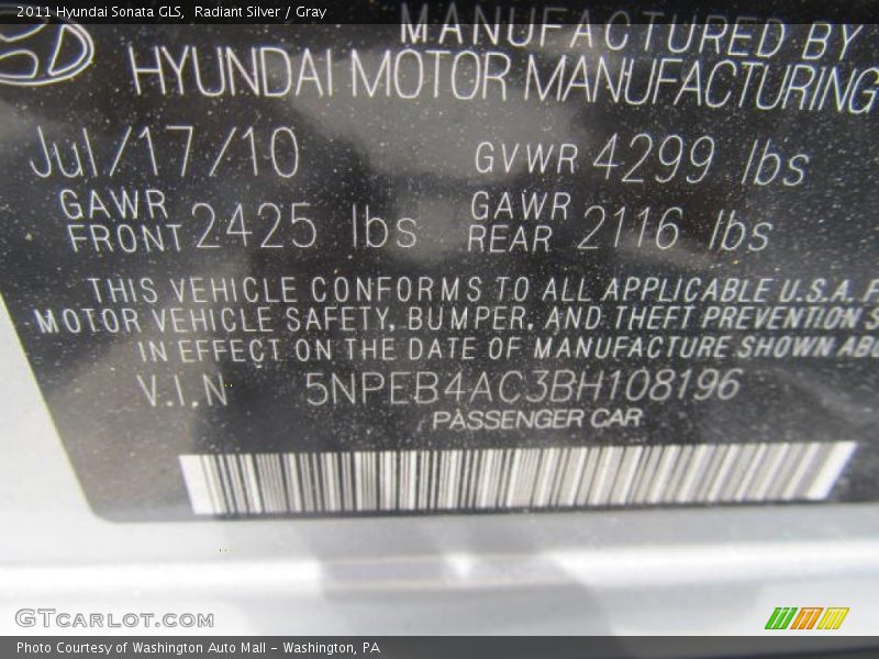 Radiant Silver / Gray 2011 Hyundai Sonata GLS