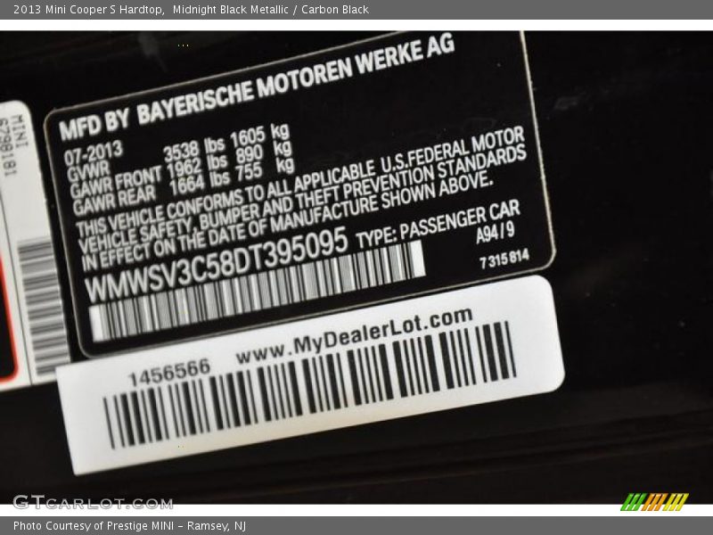 Midnight Black Metallic / Carbon Black 2013 Mini Cooper S Hardtop