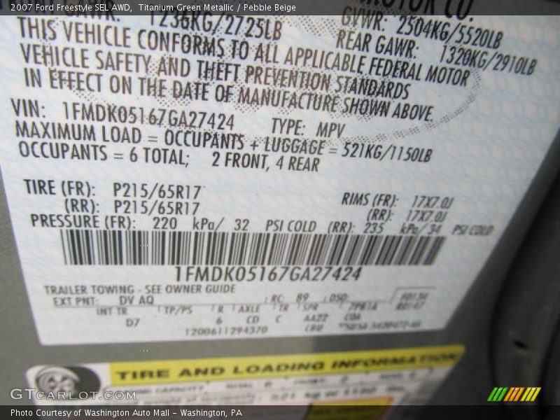 2007 Freestyle SEL AWD Titanium Green Metallic Color Code DV