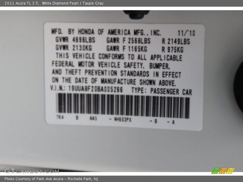 White Diamond Pearl / Taupe Gray 2011 Acura TL 3.5