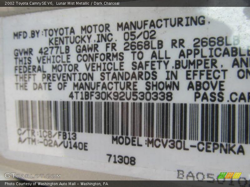 Lunar Mist Metallic / Dark Charcoal 2002 Toyota Camry SE V6