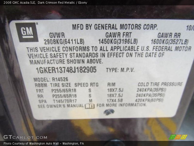Dark Crimson Red Metallic / Ebony 2008 GMC Acadia SLE
