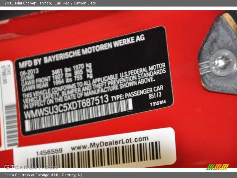 Chili Red / Carbon Black 2013 Mini Cooper Hardtop