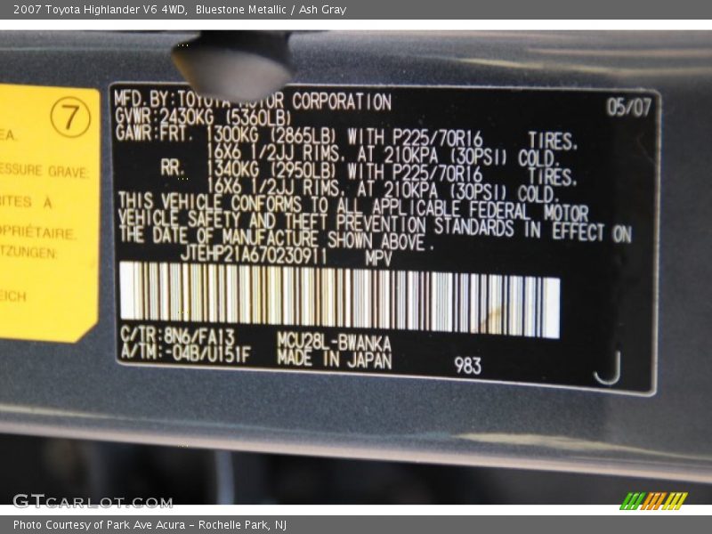 Bluestone Metallic / Ash Gray 2007 Toyota Highlander V6 4WD
