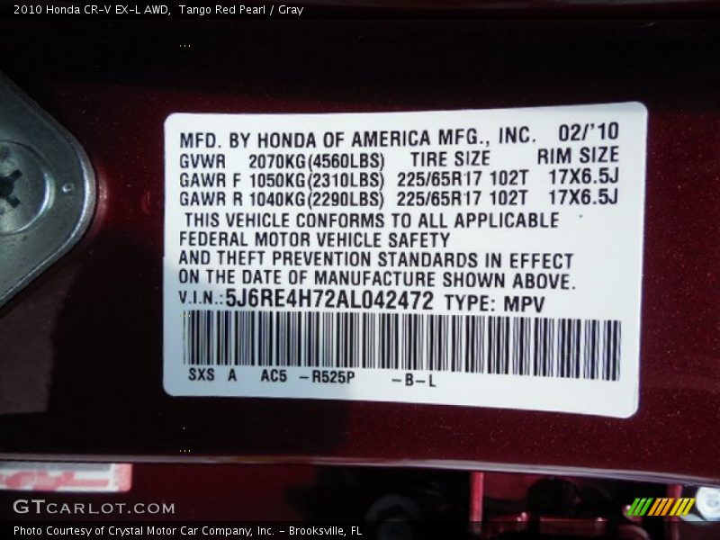 Tango Red Pearl / Gray 2010 Honda CR-V EX-L AWD