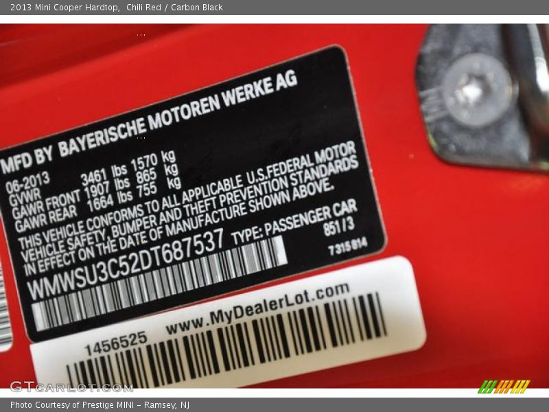 Chili Red / Carbon Black 2013 Mini Cooper Hardtop