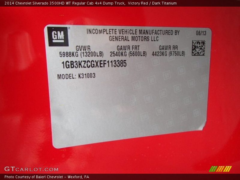 Info Tag of 2014 Silverado 3500HD WT Regular Cab 4x4 Dump Truck