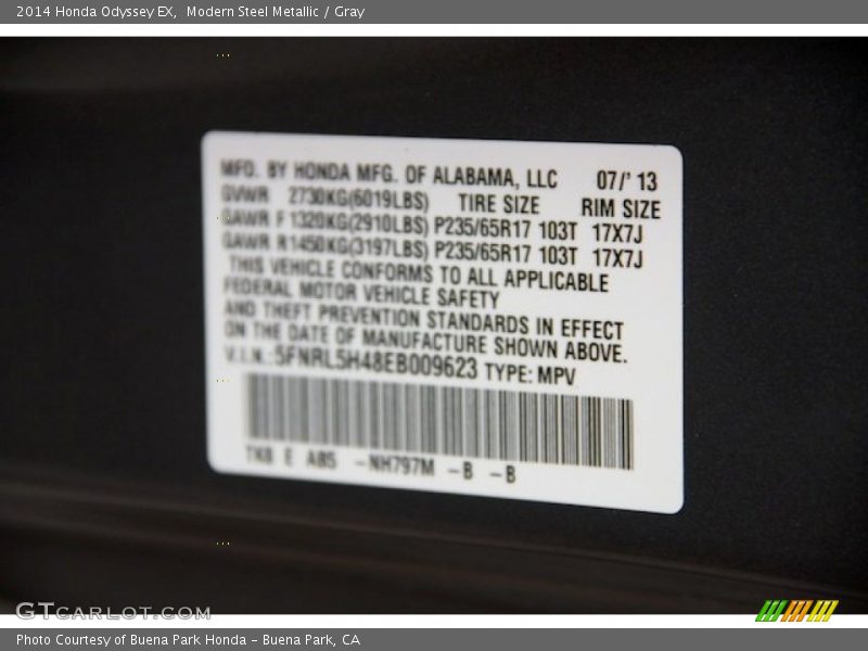 2014 Odyssey EX Modern Steel Metallic Color Code NH797M