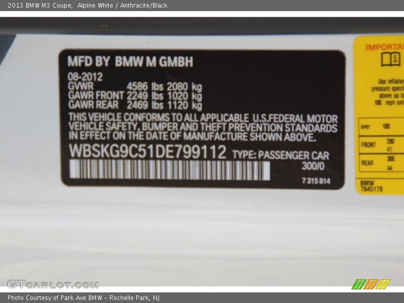 2013 M3 Coupe Alpine White Color Code 300