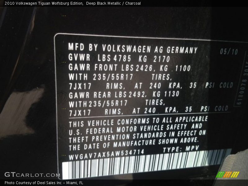 Deep Black Metallic / Charcoal 2010 Volkswagen Tiguan Wolfsburg Edition