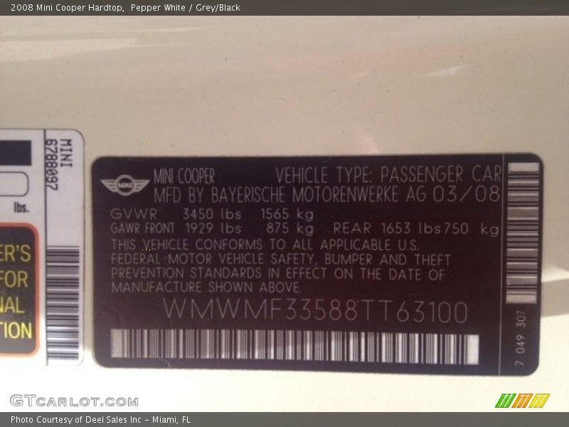 Pepper White / Grey/Black 2008 Mini Cooper Hardtop