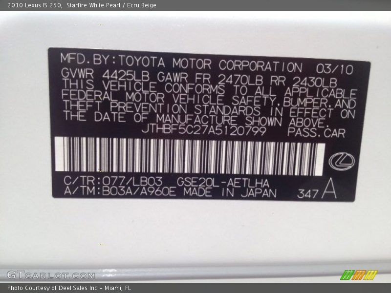 Starfire White Pearl / Ecru Beige 2010 Lexus IS 250