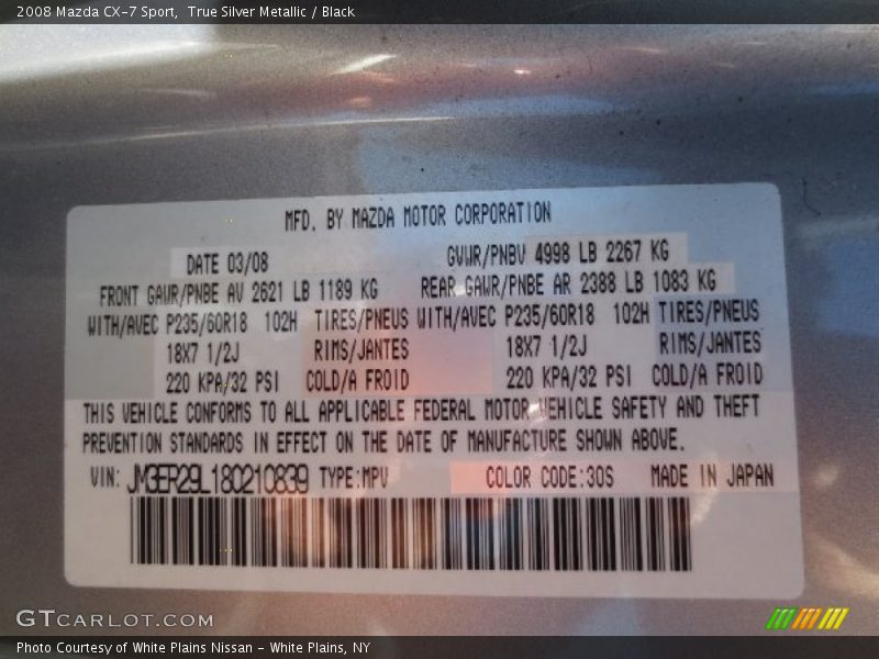 2008 CX-7 Sport True Silver Metallic Color Code 30S