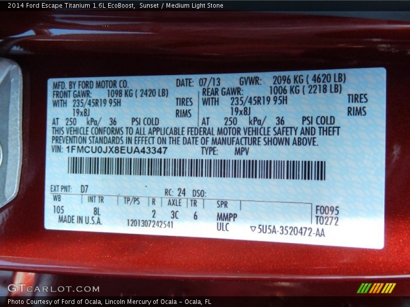 2014 Escape Titanium 1.6L EcoBoost Sunset Color Code D7