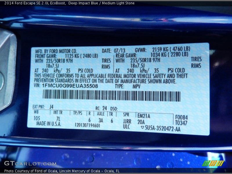 2014 Escape SE 2.0L EcoBoost Deep Impact Blue Color Code J4