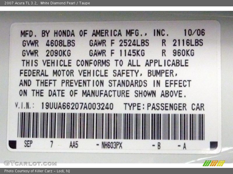 White Diamond Pearl / Taupe 2007 Acura TL 3.2