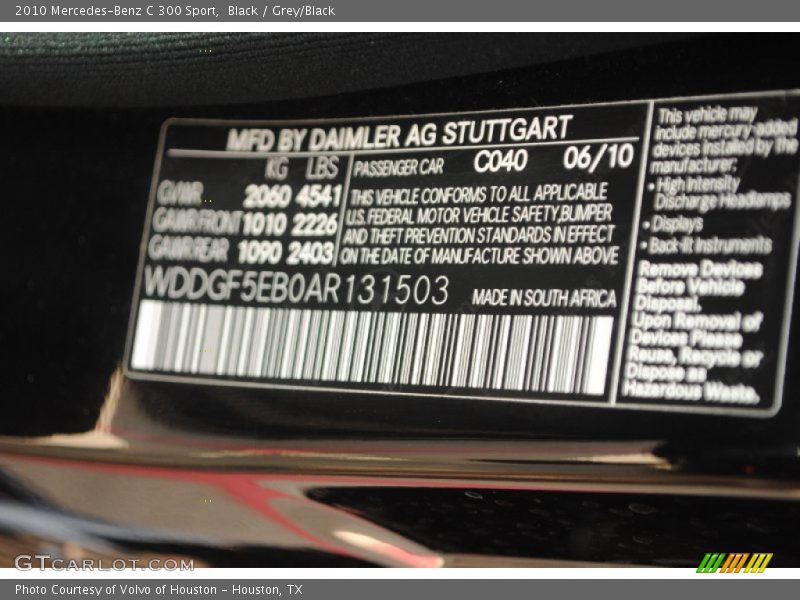 Black / Grey/Black 2010 Mercedes-Benz C 300 Sport