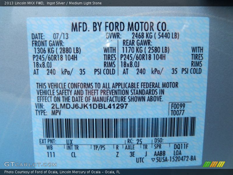 Ingot Silver / Medium Light Stone 2013 Lincoln MKX FWD