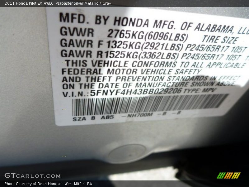 Alabaster Silver Metallic / Gray 2011 Honda Pilot EX 4WD