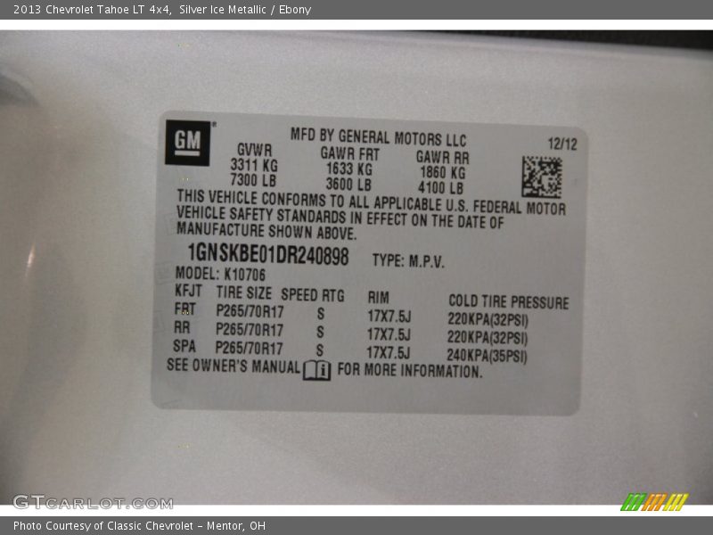 Silver Ice Metallic / Ebony 2013 Chevrolet Tahoe LT 4x4