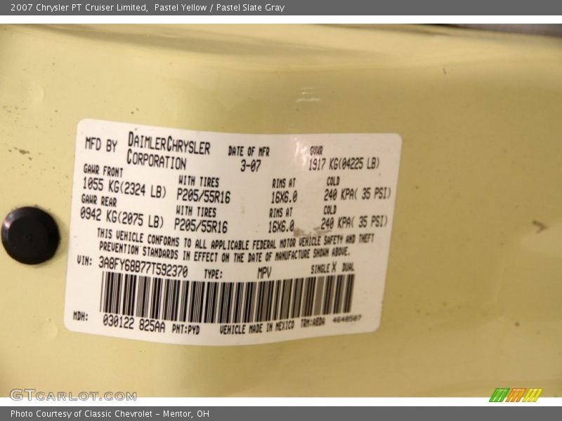 2007 PT Cruiser Limited Pastel Yellow Color Code PYD